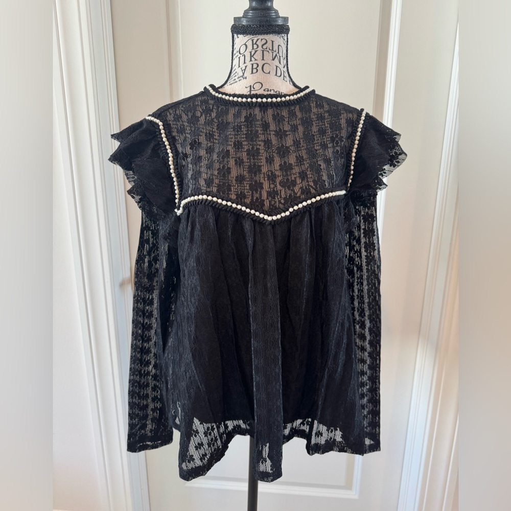 Easel Black Lace Top with Pearl Accents